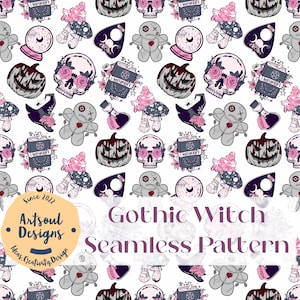 May include: A seamless pattern featuring a variety of gothic witch-themed illustrations, including a skull with roses, a pumpkin with a spooky face, a voodoo doll, a witch's hat, a potion bottle, a book with the words "I Witchcraft", a mushroom, and a crystal ball. The background is white.
