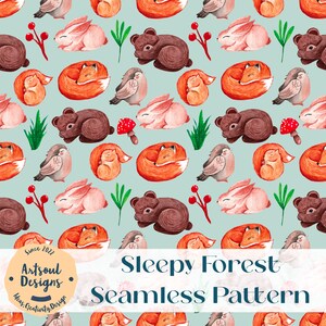 Sleepy Forest Seamless Pattern,Patrón digital,Diseño de patrones,Patrón de tela,Patrón de repetición,Descarga digital