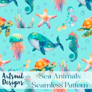 May include: Seamless pattern featuring colorful sea animals on a light blue background. The pattern includes a whale, a seahorse, a jellyfish, a starfish, and a sea turtle.