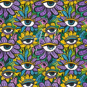May include: A psychedelic pattern featuring colorful flowers with eyes in the center. The flowers are in shades of yellow, purple, blue, and green. The eyes are outlined in black and have white pupils.