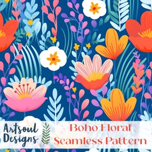 May include: A seamless pattern with a floral design in orange, pink, and white, set against a dark blue backdrop. The design incorporates stylized leaves and botanical elements. The text "Boho Floral Seamless Pattern" is displayed.