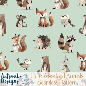 May include: A seamless pattern featuring cute woodland animals in a variety of colors, including brown, gray, and white. The animals include a fox, squirrel, hedgehog, raccoon, owl, mouse, beaver, bird, and rabbit. The background is a light blue-green color. The text "Cute Woodland Animals Seamless Pattern" is at the bottom of the image.
