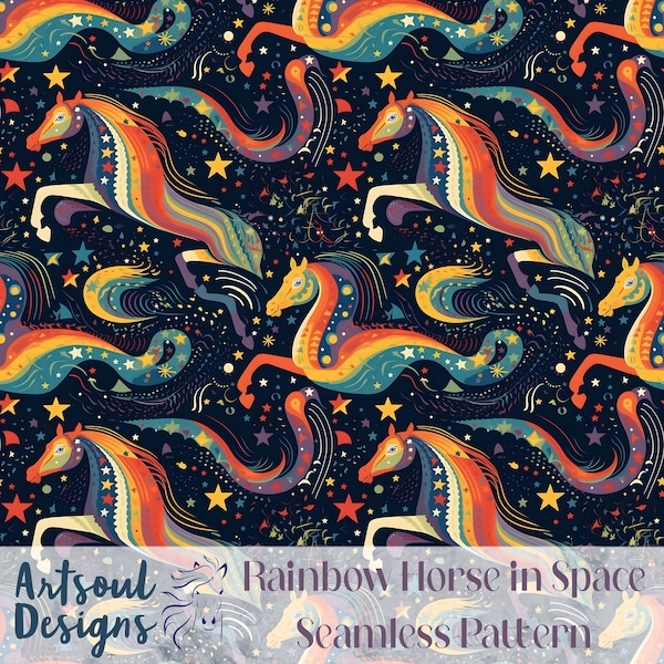 Rainbow Horse in Space Seamless Pattern for Commercial Use, Surface Pattern, Seamless Repeat, Custom Fabric, Seamless Design File