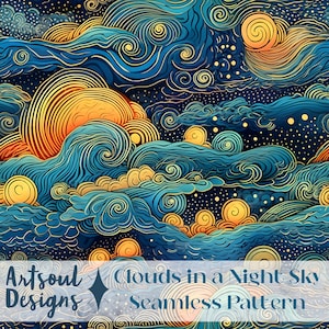 May include: A seamless pattern featuring swirling blue and gold clouds against a dark blue night sky with small white stars. The clouds are stylized with intricate details and resemble waves. There are also yellow and orange circles resembling moons or suns.