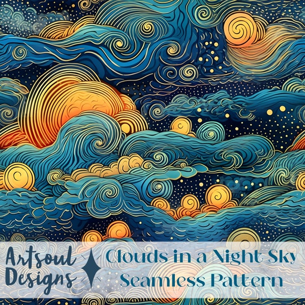 Clouds in a Night Sky Seamless Pattern for Commercial Use, Surface Pattern, Seamless Repeat, Custom Fabric, Seamless Design File