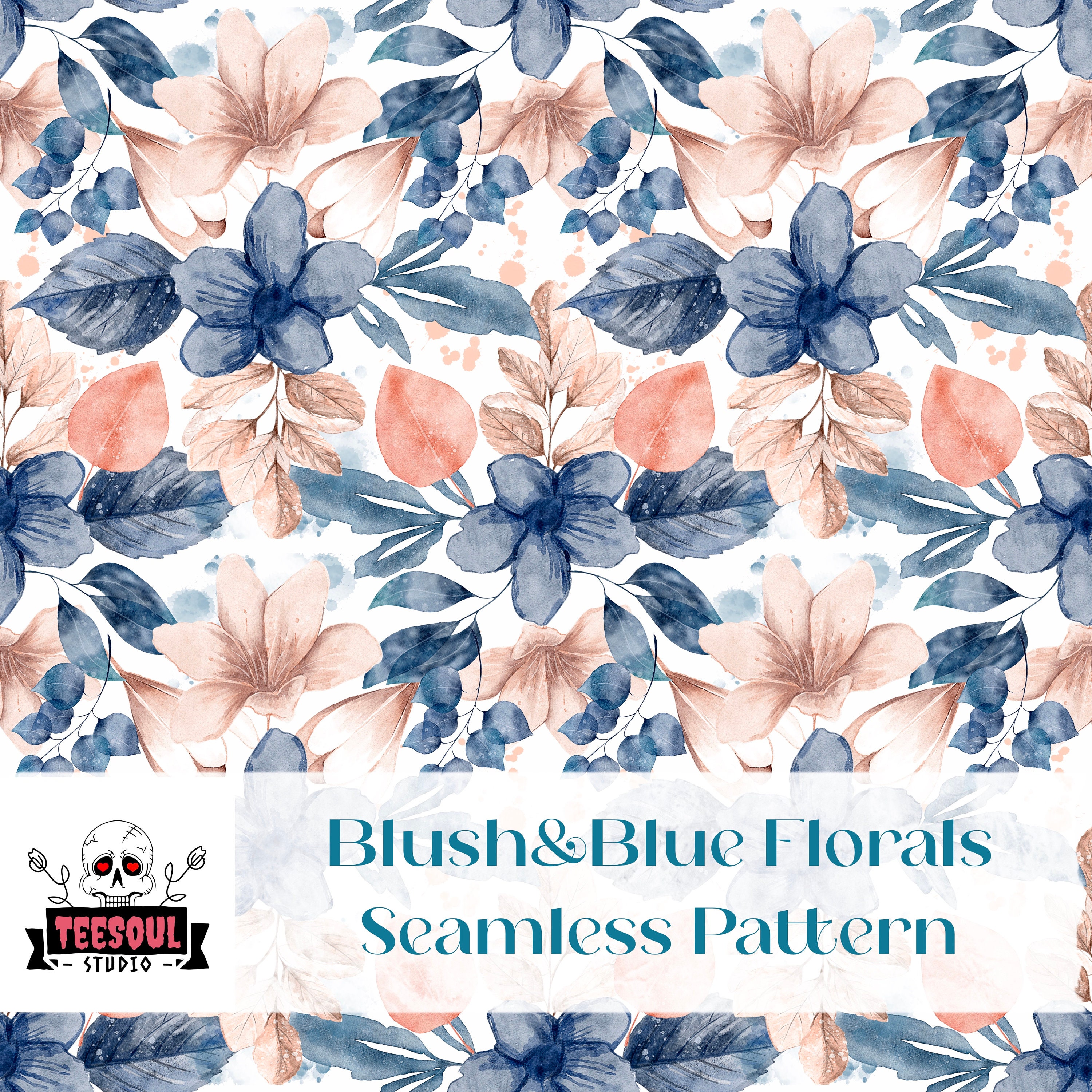 Blush & Blue Floral Seamless Pattern: Commercial Use Fabric Design ...