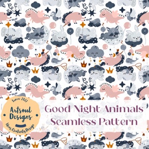 May include: A seamless pattern featuring a variety of cute animals, including a unicorn, a rabbit, a raccoon, and a bird. The animals are all sleeping on clouds and stars. The pattern is in shades of blue, pink, and gray, and is perfect for a nursery or children's room.