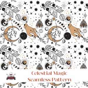 May include: A seamless pattern featuring a celestial magic theme with a hand pointing at a star, moons, stars, a bottle with a skull, and a moth. The pattern is in black, gold, and white.