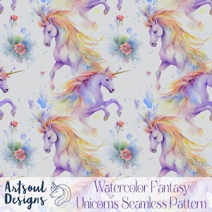 Watercolor Fantasy Unicorns Repeating Seamless Pattern Design,Tiling Design,Digital Paper,Fabric,Commercial Use, Digital Download
