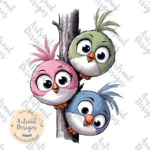 Affascinante trio di uccelli dei cartoni animati T-shirt digitale design-Uccelli soffici-Perfetto per gli amanti degli uccelli