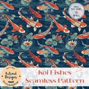 May include: A seamless pattern featuring koi fish swimming in a pond with lily pads and other aquatic plants. The background is a deep blue color, and the fish are red, orange, and white.