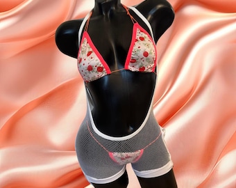 Strawberry Exotic Dancewear Micro Bikini Fishnet Bodysuit Lingerie