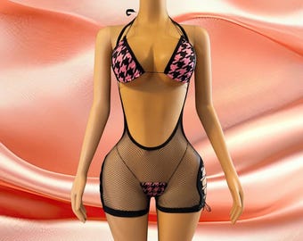 Houndstooth Fishnet Bodysuit | Exotic Dancewear Pole Outfit Set