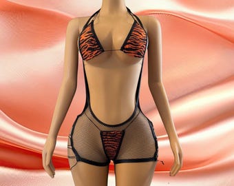 Tiger Print Fishnet Bodysuit | Exotic Dancewear, Festival Outfit