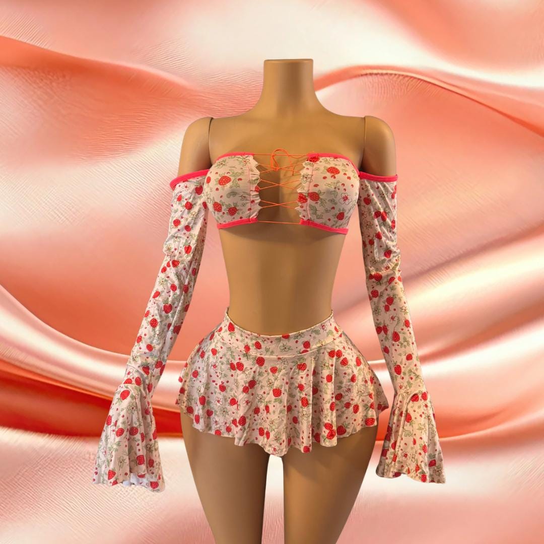 Exotic Dancewear Strawberry 3 Piece Set Stripper Rave Festival Costumer Stripper