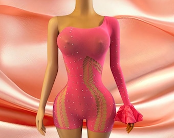 One-Sleeve Rhinestone Fishnet Romper | Exotic Dancewear, Festival Outfit