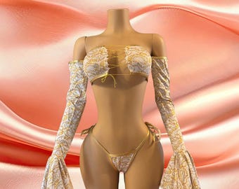 Exotic Dancewear 2 Piece Set Gold Chain Rave Festival Costumer Stripper
