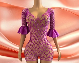 Exotic Fishnet Romper | Rhinestone Festival Dancewear Set