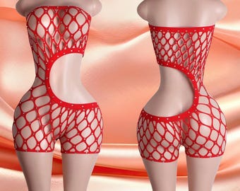 Exotic Dancewear Romper | Fishnet Rhinestone Festival Outfit