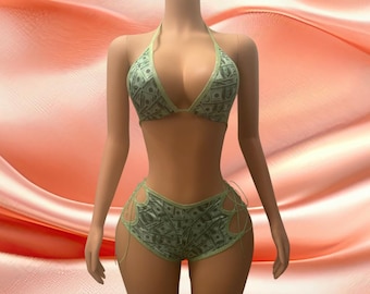 Exotic Dancewear 2 Piece Set Money Stripper Rave Festival Costumer Stripper