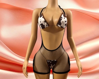 Cow Print Fishnet Bodysuit | Exotic Dancewear, Pole Outfit, Festival Wear