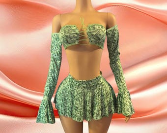 Exotic Dancewear Money Green 3 Piece Set Stripper Rave Festival Costumer Stripper