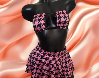 Handmade Exotic Dancewear Set | Pole Dance Outfit | Festival Wear | Stripper Outfit | 3 Piece | Houndstooth
