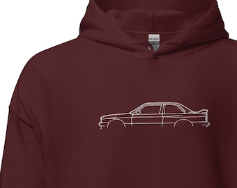 刺繍入り BMW E30 M3 カーシルエット ユニセックス パーカー、ギフトアイデア