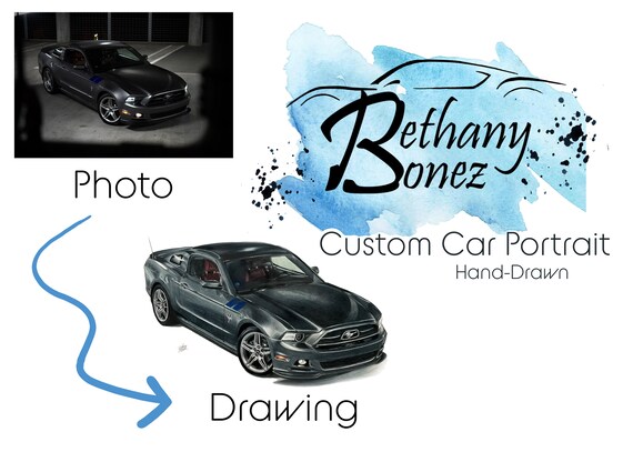 Custom Hand-Drawn Car Portraits, Mixed Media Art, Automotive Drawing, Colored Pencil, Marker Drawing, Muscle Car, Sports Car