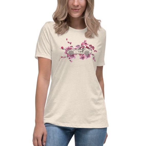 Women's Miata Cherry Blossoms Car T-Shirt, Gift for Her, White/Pink/Purple/Grey+ more colors
