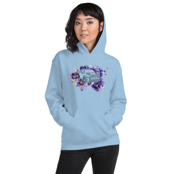 Floral Mini Cooper Outline Unisex Hoodie, Customizable. Purple Pansie Flower Hoodie, Mini Cooper Car Hoodie