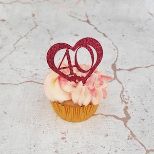 12 ruby 40th anniversary hearts in ruby red glitter  card , cupcake toppers ,...