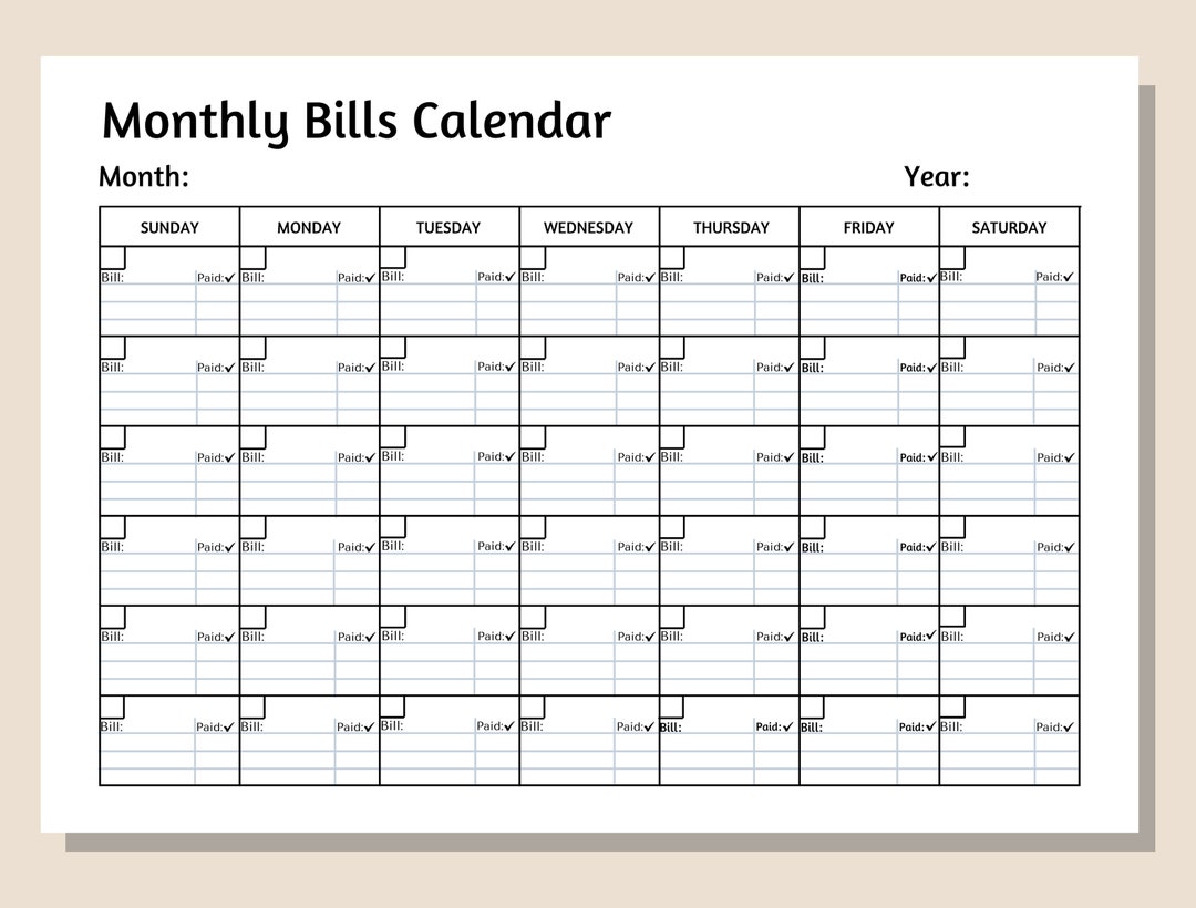 Blank Printable Monthly Bills Calendar Minimal Design Option - Etsy