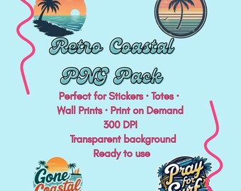 Retro Coastal PNG Bundle: Summer Beach Designs (Digital Download, 13 Files)