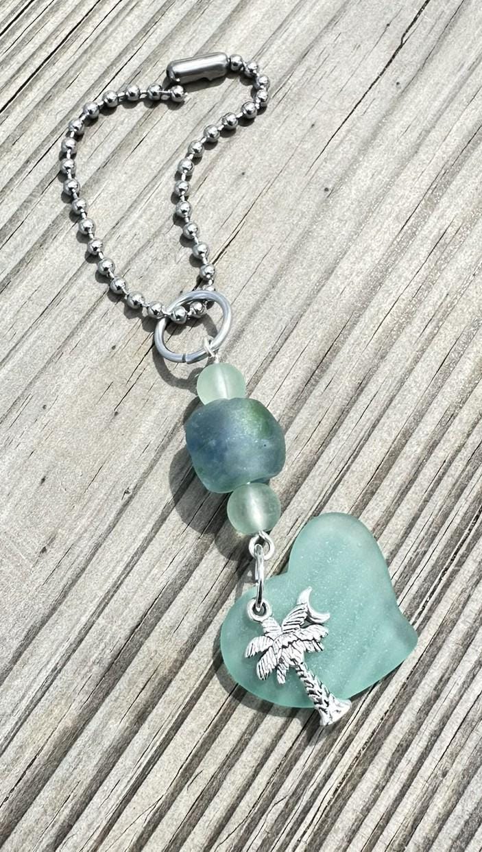 Sea Glass Car Charm: Palm Tree Rearview Mirror Suncatcher
