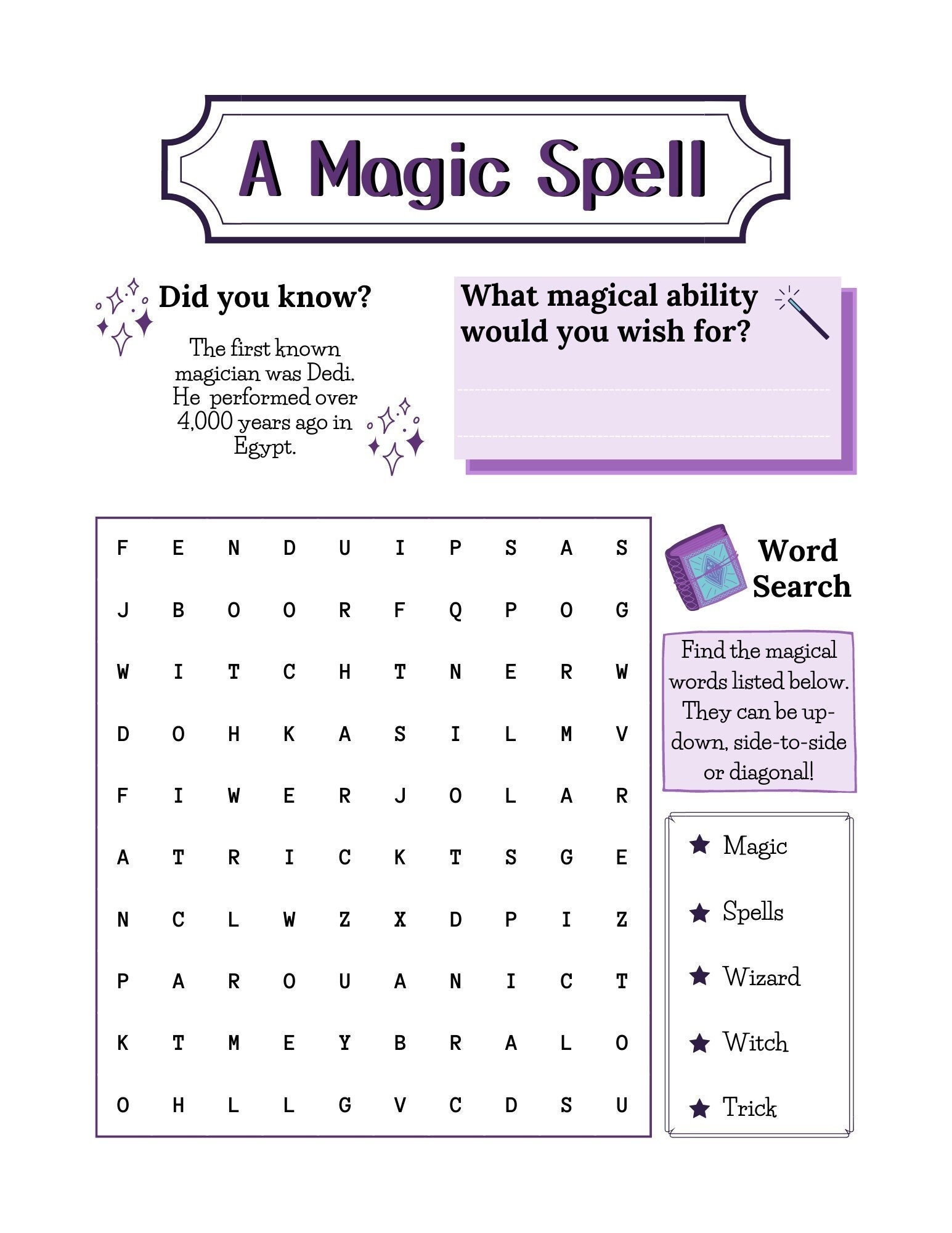 printable word search activity sheet for kids ages 5 magic etsy