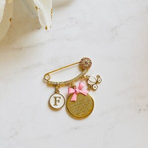 Customized Gold Baby pin with Initial and Ayat Al kursi
