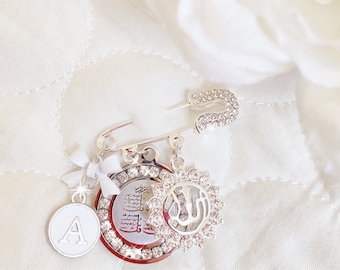Small silver crystal tip pin in white with Ayat Kursi, and Allah