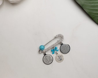 Mini crystal Ayat Kursi, Allah Quran Arabic baby pin gift silver (sky blue)