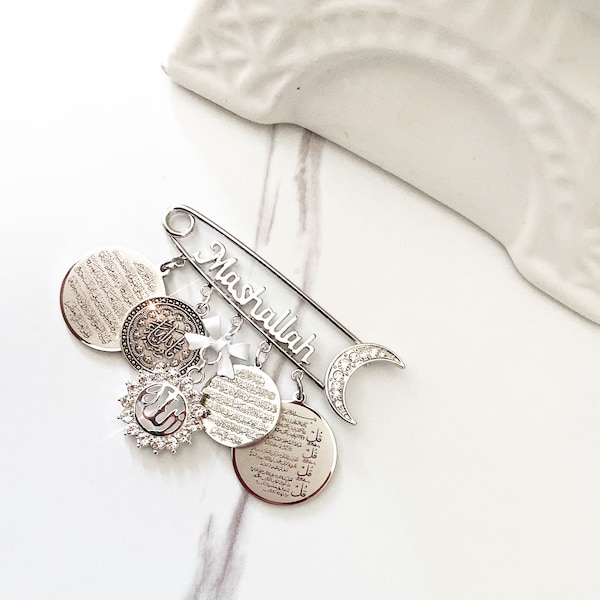 Mashallah pin in Silver with Allah, Ayat Kursi, Four Quls, Mashallah charm in white Islamic Quran baby gift baby pin