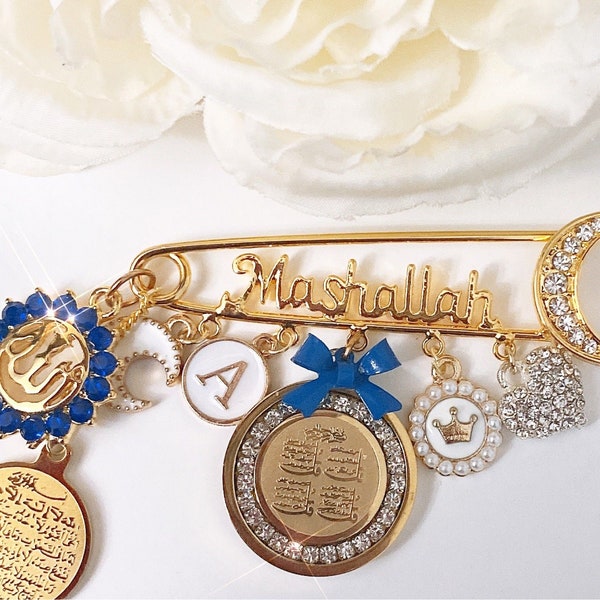 Mashallah baby pin in royal blue with ayat Kursi, Allah, and 4 quls