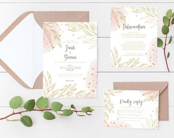 Blush pink gold leaf watercolor wedding invitation suite template,watercolor wedding invitations,custom wedding suite,bridal,CANVA TEMPLATE