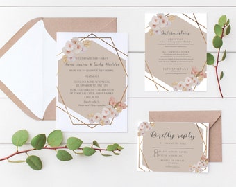 Wedding invitation suite template,downloadable wedding invitation suite,rustic wedding invitation suite,orchid wedding decor,CANVA TEMPLATE