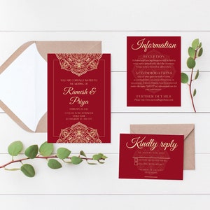 Indiase bruiloft uitnodiging suite sjabloon, rode bruiloft uitnodiging suite, Hindoe bruiloft uitnodiging suite, elegante uitnodigingen, mandala, CANVA SJABLOON