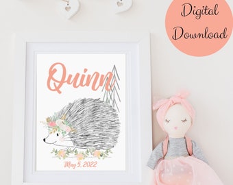Woodland custom nursery print,baby room,forest animal decor,cute hedgehog,baby girl,floral wall art,blush pink,printable,DIGITAL DOWNLOAD