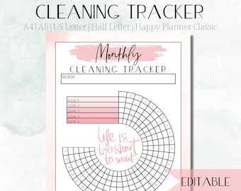 May include: A printable monthly cleaning tracker with a pink watercolor background. The tracker has a circular grid with 31 days and a section for listing five cleaning goals. The text "Life is too short to wait." is written in a pink cursive font.