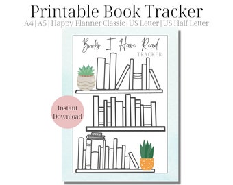 May include: Printable book tracker with a bookshelf design. The tracker has three shelves with spaces to write in the titles of books read. The text "Books I Have Read Tracker" is at the top of the page.