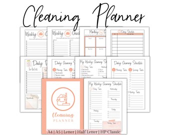 Puede incluir: Un planificador de limpieza imprimible con un esquema de color rosa y blanco. El planificador incluye secciones para tareas de limpieza diarias, semanales y mensuales. El texto "Cleaning Planner" aparece en un círculo rosa con un icono de cubo y fregona.