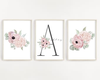 Set of 3 floral nursery custom flower prints,girls nursery decor,nursery name print,personalized nursery art,custom floral wall art,DOWNLOAD