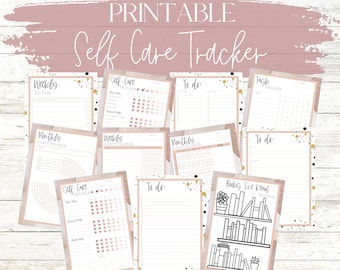 May include: Printable self-care tracker with a pink and gold theme. The tracker includes sections for weekly to-dos, monthly habit tracker, weekly habit tracker, monthly mood tracker, self-care tracker, to-do list, books I've read tracker, and a tag tracker.